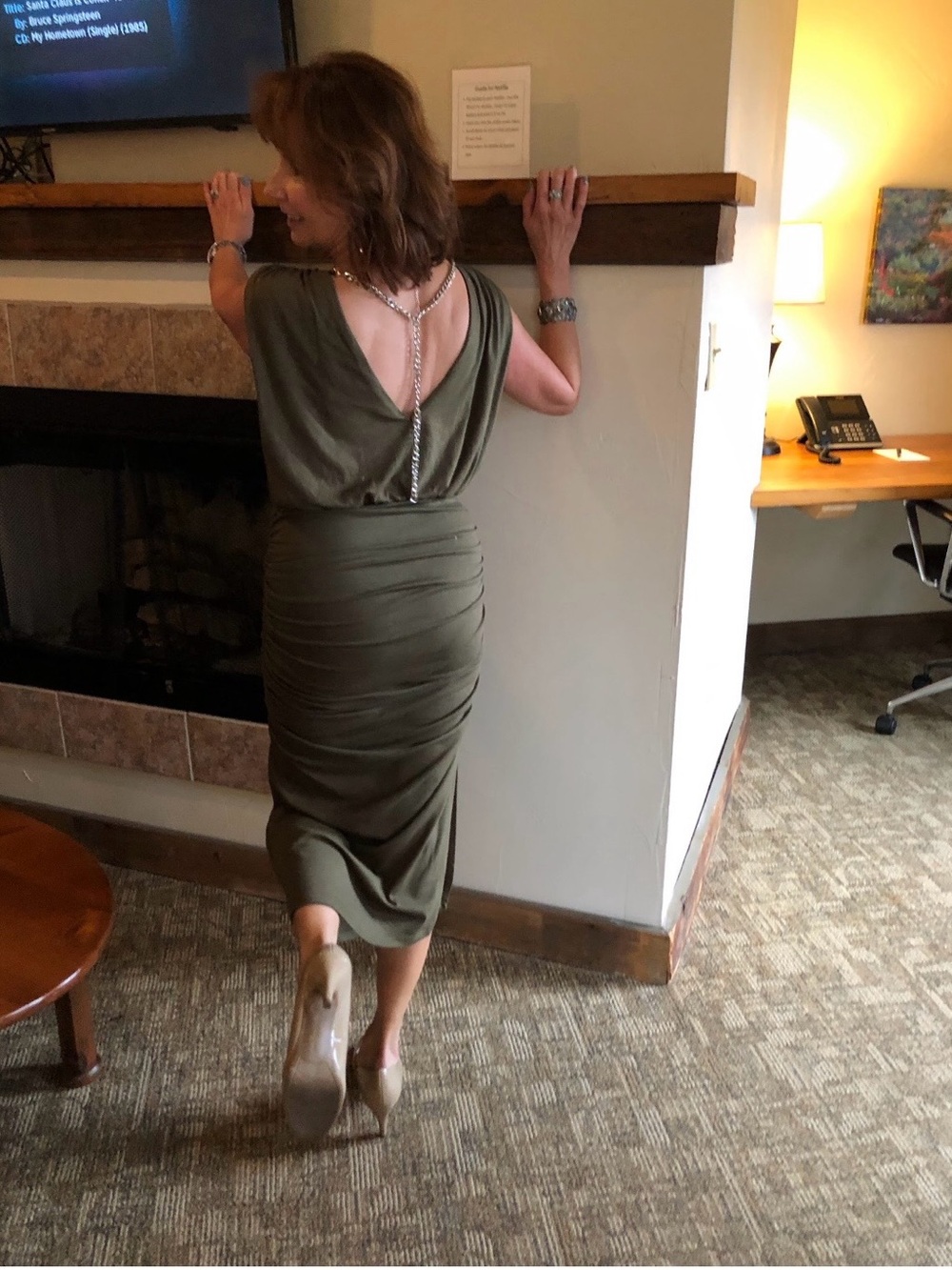 Olive Green Draped Back Midi Dress - Women